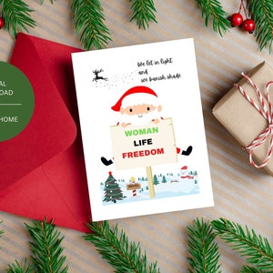 Biglietto per la libertà della vita femminile / Biglietto di Natale digitale / Biglietto stampabile / Mahsa Amini / Babbo Natale, Biglietto per la libertà delle donne / Di' il suo nome