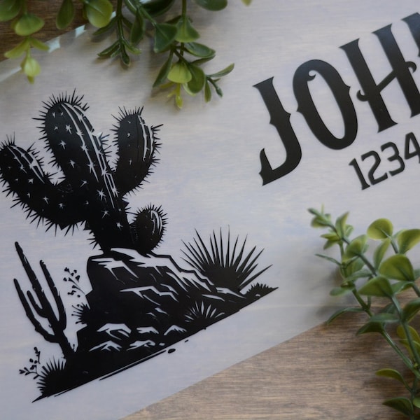 Custom Mailbox Decal Address, Mailbox Numbers, Last Name, Cactus Scene with Flowers, Desert