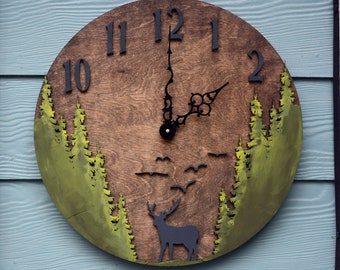 18 Inch Large Deer Clock, Trees, Birds, Deer, Simple, Minimalistic