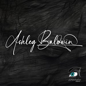 May include: White cursive text that reads "Ashley Baldwin" on a textured black background. A small graphic of an eye with blue iris and eyelashes is in the bottom right corner.