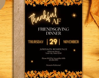 Friendsgiving Invitation Template | Thankful AF Neon Leaves (Digital Download)