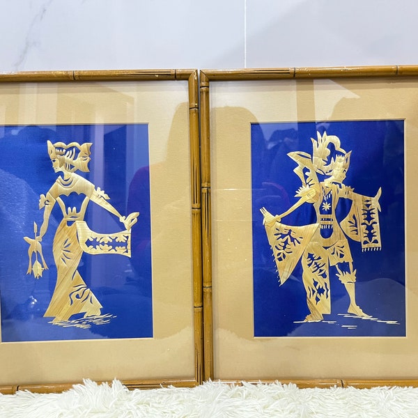 Set of  Two handmade Vintage Asian Rice Straw Art Pictures, Dancing Women, Framed