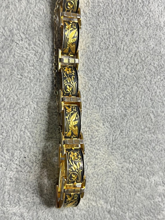 Vintage link Bracelet Black gold birds flowers da… - image 3
