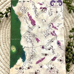 May include: A map of the Ice Planet Barbarians, a fictional world with a variety of locations, including a Great Salt Lake, Ice Beach, Elder's Cave, and Tribal Cave. The map is drawn in a hand-drawn style with purple and green accents.