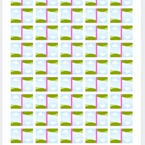 May include: A grid of small, rectangular images, each featuring a landscape scene. The scenes include blue skies with white clouds, green hills, and a pink vertical stripe. The overall design is a repeating pattern.