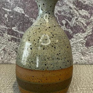 May include: A speckled ceramic vase with a narrow neck and a rounded body. The upper portion is a speckled gray-green, transitioning to brown and dark brown bands at the base. A decorative piece for the home.