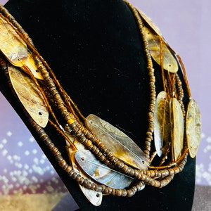 Bead and Hand Crafted Leaf Shaped Shells Intermixed with Shiny Brown Beads