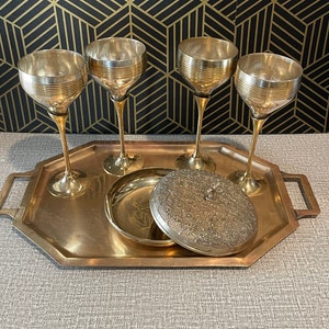 Vintage Brass & Silver-Plate Wine Goblets - Set of 4