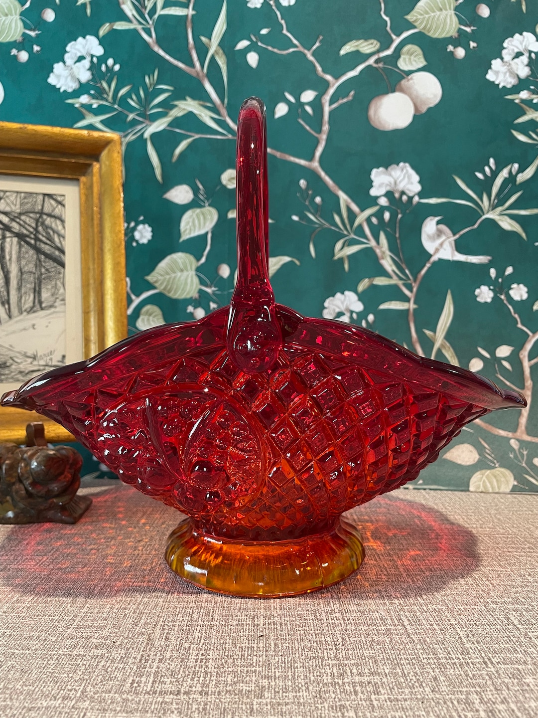 Vintage Rare Amberina Glass Basket Bowl Large Fruit Bowl Etsy