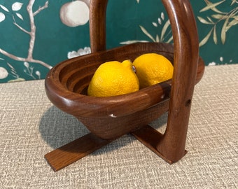 Vintage Folding Collapsible Oval Wooden Basket w/ Handle | Wood Fruit Basket Bowl