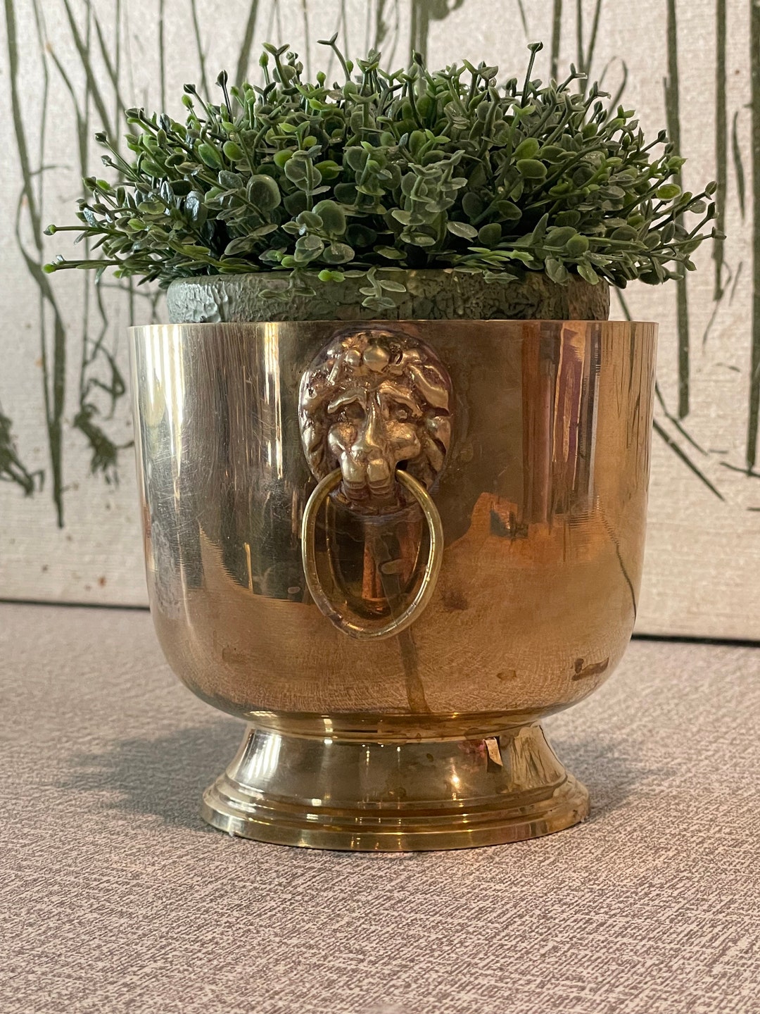 Vintage Pedestal Brass Bowl Planter Pot W/ Lionhead Accents Etsy