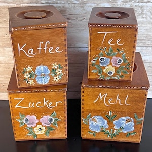 Vintage Wooden Lidded Canister Set | Mid Century German Kitchen Storage | Hand Painted Floral Jars | Rustic Cottagecore Kitchen Decor