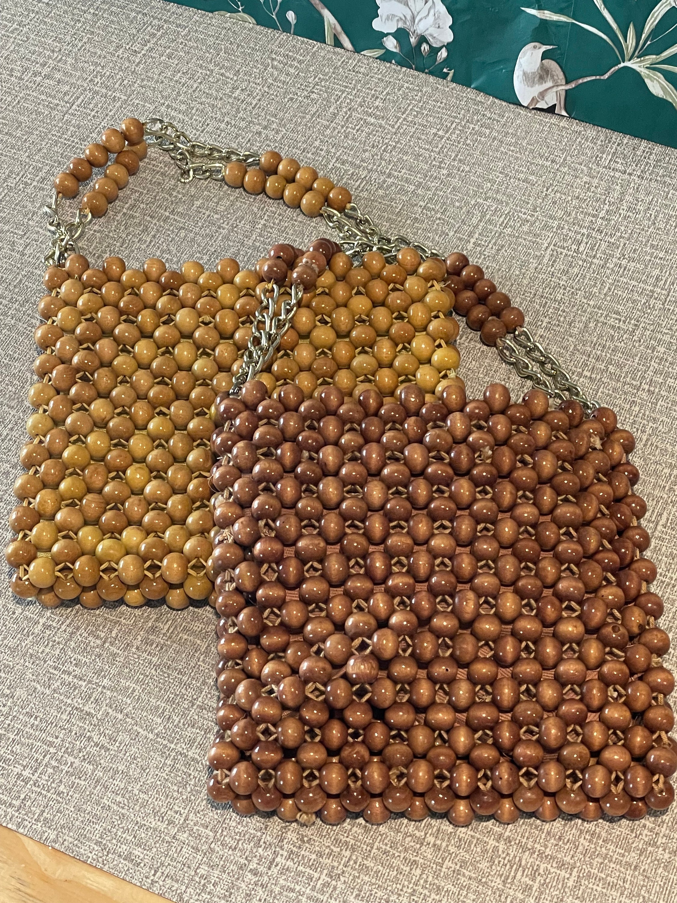 1960s Wooden Bead Shoulder Bag Purse Gold Tone Chain and Bead Strap - -  Ruby Lane