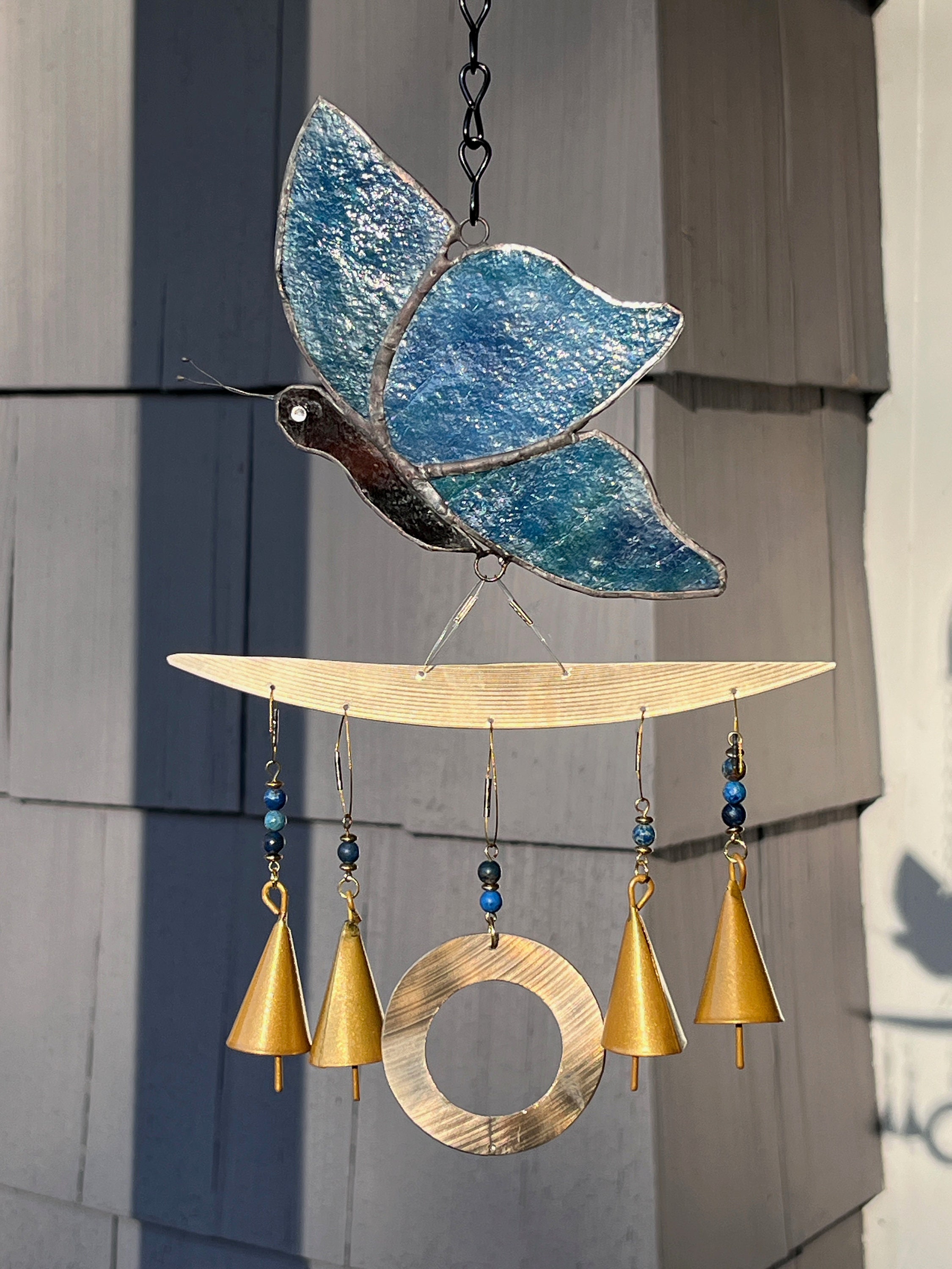 Recycled Cymbal Blue Butterfly Bells Stained Glass Sun Catcher Wind Chime, Gift for Musician