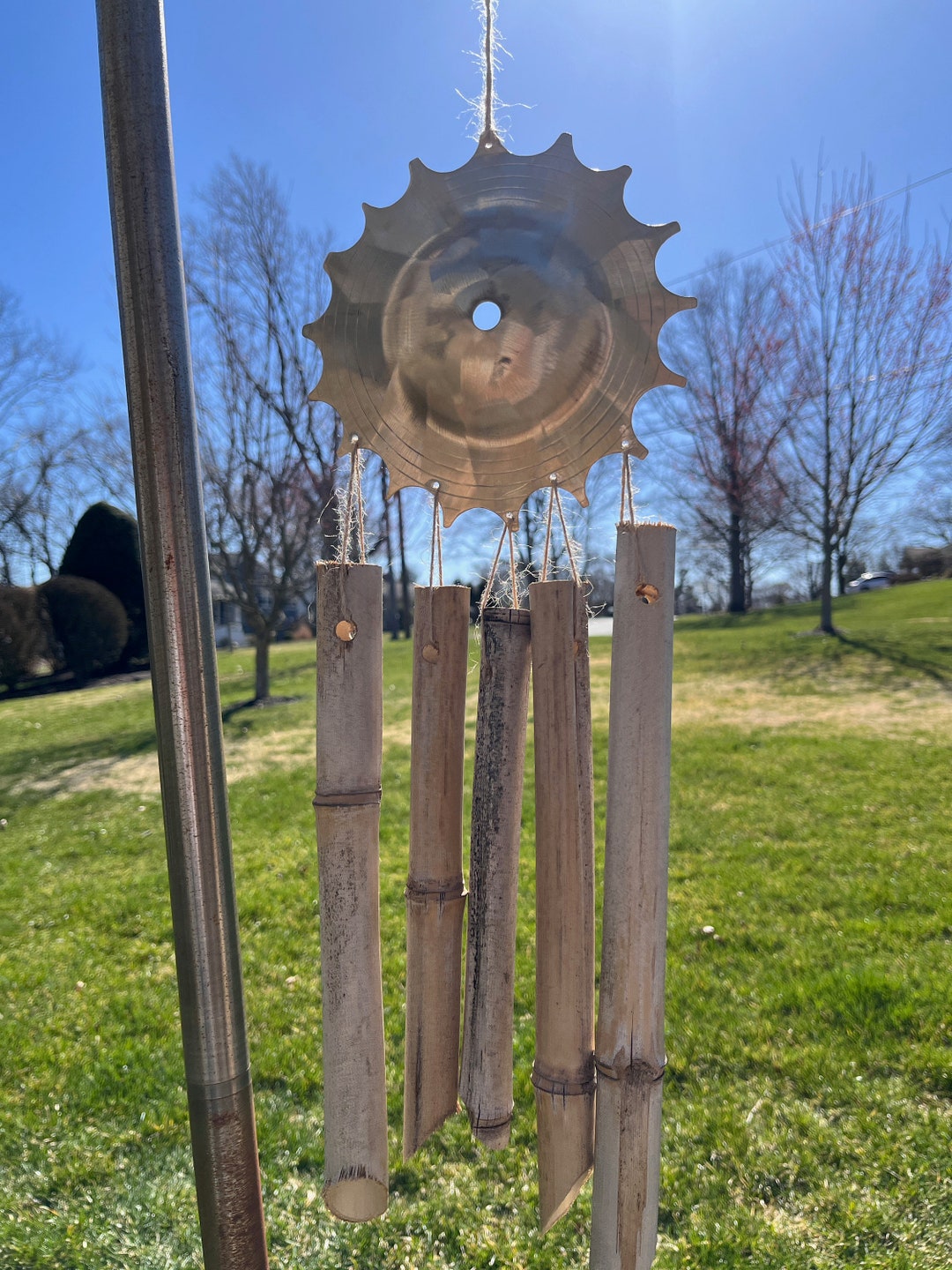 Recycled Cymbal Metal Sun Solar Celestial Bamboo Zen Healing Garden Nature Wind Chime, Gift for