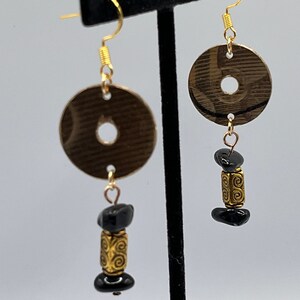 Recycled Cymbal Jewelry Dangle Earrings - black stone chips