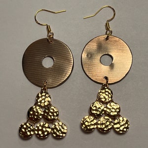 Recycled Cymbal Jewelry Dangle Earrings - golden pyramid dots