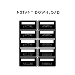 May include: Ten black and white printable labels with the text "The Church of Jesus Christ of Latter-day Saints" repeated on each label.