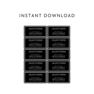 Może przedstawiać: Grafika do pobrania cyfrowego z tekstem "INSTANT DOWNLOAD" u góry. Poniżej znajduje się kilka czarnych prostokątnych etykiet z białym tekstem, który brzmi "CALLED TO SERVE" i "THE CHURCH OF JESUS CHRIST OF LATTER-DAY SAINTS".