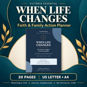 May include: A digital planner titled When Life Changes: The Faith & Family Action Planner. The dark blue cover features white text, a cross icon, and the subtitle 7 days of prayer, clarity and practical next steps. It includes 20 pages in US Letter and A4 sizes.