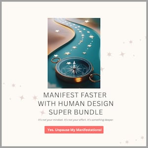 Pode incluir: Uma bússola dourada e turquesa com um design em forma de estrela, colocada sobre um caminho turquesa com detalhes de estrelas. A imagem inclui o texto "MANIFEST FASTER WITH HUMAN DESIGN SUPER BUNDLE" e um botão de chamada para ação.