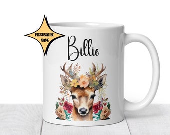 Deer Mug, Flower Gift for Her,  Deer and Flower Cup, Deer Lover Gift, Coffee Mug, Personalised Name Mug