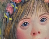 Blue and Yellow Ribbon Hope | Original Acrylic Portrait Painting | Floral Girl Wall Art | Childhood Innocence | Awareness Art