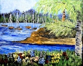 Original Impressionist Acrylic Landscape Painting | Sailboats on Blue Water | Coastal Marina Wall Art | Palette Knife Textured Canvas