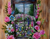 flower art, window art, vintage art, mothers day gift, flower garden art