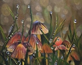 Original Acrylic Mushroom Painting, Woodland Forest Wall Art, Magical Cottagecore Decor, Dew Drops, Fairycore Nature Art