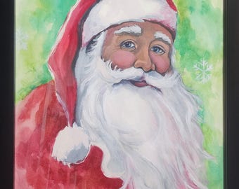 Christmas decor, santa painting, holiday art, watercolor