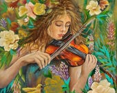 Birthday gift, fantasy art, violin decor, mixed media