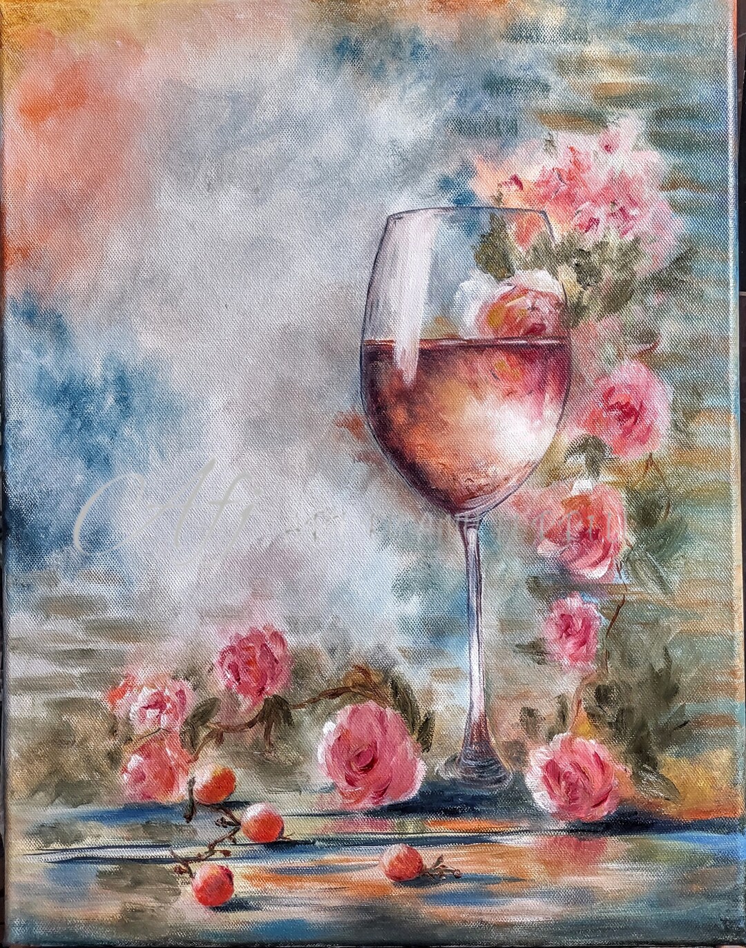 Original Oil Painting: Wine Glass and Roses on Canvas (14x16) - Etsy