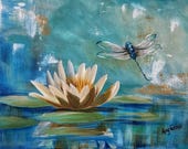 Lily Pad and Dragonfly art, water reflection wall decor