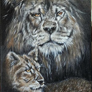 wildlife painting, lion and cub art, monochrome home decor