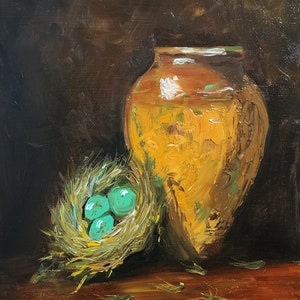 Pottery and Robin&#39;s Eggs Oil Painting on Canvas