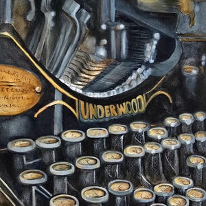 May include: Watercolor painting of a vintage Underwood typewriter. The image highlights the keys, the word "UNDERWOOD" in gold lettering, and the intricate mechanical details of the machine. The color palette includes black, gold, and gray.