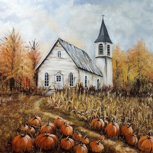 fall country church art, autumn decor, pumpkin painting