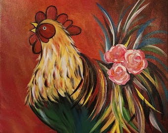 Folk Art Rooster Hand Painted Art,Farmhouse Kitchen Wall Decor