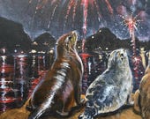 Original Coastal Wildlife Painting, Sea Lion Fireworks Art, Pelican Sea Turtle Ocean Wall Decor, Beach House Acrylic Painting