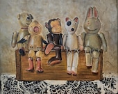 Vintage toys, nostalgic art, childs room decor, game room art