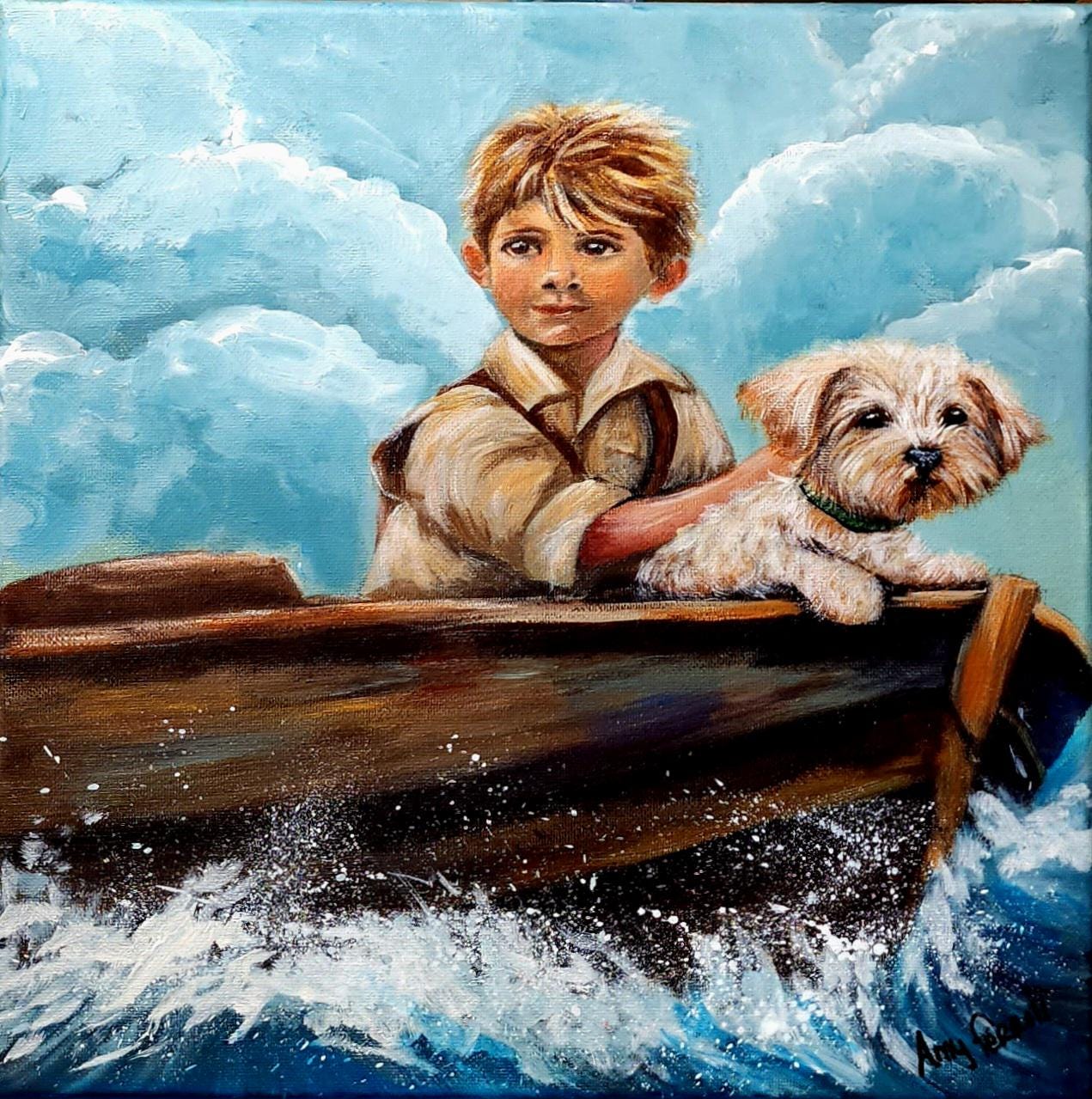 ボートに乗った少年と犬 キャンバスに描いたアクリル画 (12x12) - Etsy