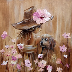 girl and dog painting, flower painting, dog art, child room decor, pink and brown theme
