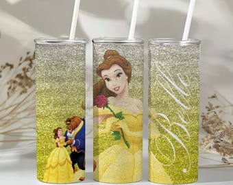 Copo Belle Glitter. Copo Belle com glitter para sua princesa favorita. Arquivo PNG para copos de sublimação de 16oz ou 20oz.