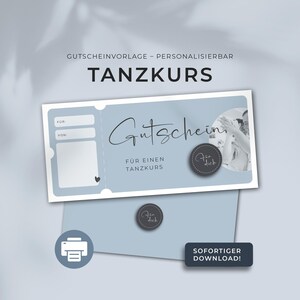 Könnte beinhalten: Druckbare Geschenkgutschein-Vorlage für einen Tanzkurs. Die Vorlage ist blau und weiß mit einem Foto eines tanzenden Paares. Der Text auf der Vorlage lautet "Gutschein" und "Für einen Tanzkurs".
