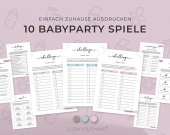 Puede incluir: Un conjunto de juegos imprimibles para baby shower en papel blanco, sobre un fondo rosa suave. Se muestra el texto "10 BABYPARTY SPIELE", junto con "challenge" y "BABY-ABC". El diseño incluye ilustraciones temáticas de bebés.