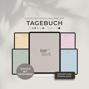 Könnte beinhalten: Ein digitaler Planer mit dem Text "TAGEBUCH" und "JANUAR BIS DEZEMBER". Der Planer wird auf mehreren Tablets mit unterschiedlich farbigen Hintergründen angezeigt. Das zentrale Tablet trägt den Text "tage buch". Ein Stift ist ebenfalls sichtbar.
