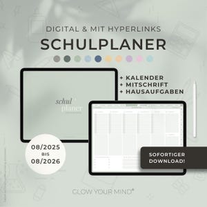 Puede incluir: Un planificador escolar digital con hipervínculos. El planificador es verde y blanco con el texto "schul planer" y "08/2025 bis 08/2026". El planificador también incluye un calendario, notas y secciones de tareas. El texto "GLOW YOUR MIND" está en la parte inferior del planificador.