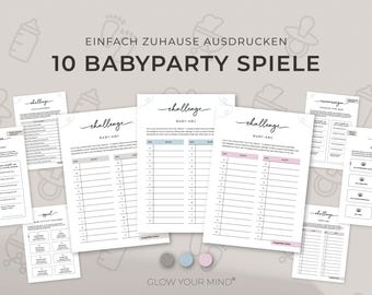 Puede incluir: Un conjunto de juegos imprimibles para baby shower en papel blanco. Se muestra el texto "10 BABYPARTY SPIELE". Los juegos incluyen "challenge" y otras actividades. El fondo es gris claro con ilustraciones temáticas de bebés.