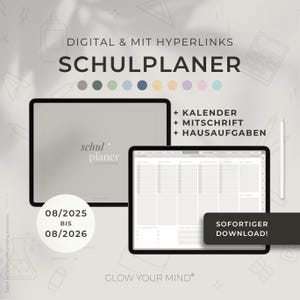 Könnte beinhalten: Ein digitaler Schulplaner mit grauem Hintergrund und dem Text "schul planer" in der Mitte. Der Planer enthält einen Kalender, Notizen und Hausaufgabenbereiche. Der Text "08/2025 bis 08/2026" befindet sich unten links im Bild. Der Text "SOFORTIGER DOWNLOAD!" befindet sich unten rechts im Bild. Der Text "GLOW YOUR MIND" befindet sich unten in der Mitte des Bildes.